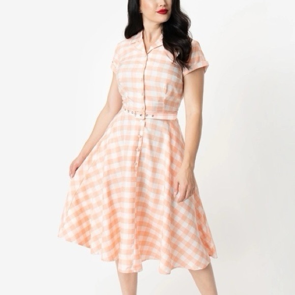 Unique Vintage Dresses & Skirts - Unique Vintage Peach Gingham Swing Dress - L